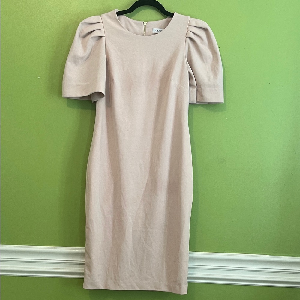 Calvin Klein puff sleeve sheath dress in blush pink - Picture 1 of 5